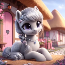 Size: 1024x1024 | Tagged: safe, ai content, machine learning generated, silver spoon, earth pony, pony, alternate cutie mark, bing, braid, cute, female, filly, foal, heart, jewelry, missing accessory, ponyville, prone, solo
