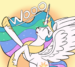 Size: 3137x2796 | Tagged: safe, artist:trash anon, princess celestia, alicorn, pony, bipedal, crown, eyes closed, female, jewelry, rearing, regalia, simple background, solo, text, wings, woo