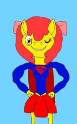 Size: 1200x1936 | Tagged: safe, artist:lekonar13, derpibooru import, apple bloom, anthro, earth pony, apple bloom's bow, blue background, bow, cape, clothes, dc comics, hair bow, one eye closed, simple background, smiling, superfilly, supergirl, wink