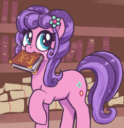 Size: 1970x2040 | Tagged: safe, artist:t72b, derpibooru import, petunia petals, earth pony, pony, book, bookshelf, cute, female, flower, flower in hair, mare, mouth hold, petalbetes, raised hoof, raised leg, scroll, solo