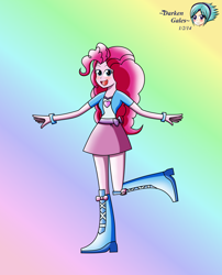 Size: 2448x3030 | Tagged: safe, artist:darkengales, derpibooru import, pinkie pie, human, equestria girls, 2014, boots, bracelet, breasts, clothes, female, gradient background, hair, jewelry, old art, open mouth, open smile, rainbow background, shirt, shoes, skirt, smiling, solo, spread arms, standing, standing on one leg, teenager, vest