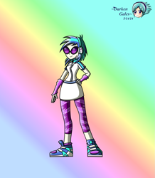 Size: 1445x1654 | Tagged: safe, artist:darkengales, derpibooru import, dj pon-3, vinyl scratch, human, equestria girls, 2014, female, gradient background, hand on hip, old art, rainbow background, solo