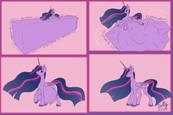 Size: 7662x5080 | Tagged: safe, artist:lightning bolty, derpibooru import, princess twilight 2.0, twilight sparkle, twilight sparkle (alicorn), alicorn, pony, the last problem, 4 panel comic, ^^, abdominal bulge, absurd resolution, belly, belly bed, big belly, colored, comic, concave belly, date (time), digestion, digestion without weight gain, ear fluff, ears, ethereal mane, ethereal tail, eyelashes, eyes closed, female, flat colors, folded wings, gradient mane, gradient tail, hoof fluff, hooves, horn, horn markings, huge belly, impossible fit, impossibly large belly, instant digestion, large wings, leg fluff, long horn, long mane, mare, motion lines, object stuffing, object vore, older, older twilight, older twilight sparkle (alicorn), post-digestion, quadrupedal, raised hoof, raised leg, rapid digestion, shipping container, signature, slim, solo, standing, sternocleidomastoid, stomach noise, stuffed, stuffed belly, tail, tall, thin, twipred, unshorn fetlocks, vore, wall of tags, wings