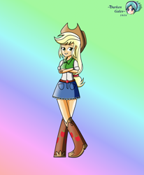 Size: 2417x2939 | Tagged: safe, artist:darkengales, derpibooru import, applejack, equestria girls, 2014, belt, boots, breasts, button-up shirt, clothes, cowboy hat, crossed arms, crossed legs, denim skirt, female, freckles, gradient background, hair, hat, old art, ponytail, rainbow background, shirt, shoes, skirt, smiling, solo, teenager