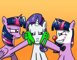 Size: 1212x950 | Tagged: safe, artist:twi clown, derpibooru import, rarity, twilight sparkle, twilight sparkle (alicorn), oc, oc:twi clown, alicorn, pony, unicorn, bowtie, clown, clown makeup, clown nose, female, gradient background, mare, rarity is not amused, red nose, twilight crockle, unamused, warmonger