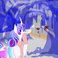 Size: 5800x5800 | Tagged: safe, artist:florarena-kitasatina/dragonborne fox, derpibooru import, princess flurry heart, alicorn, pony, absurd resolution, clothes, colored, colored wings, crescent sun, crystal, crystal trees, curved horn, female, flat colors, horn, mare, mittens, multicolored wings, older, older flurry heart, raised hoof, raised leg, request, ruins, scarf, snow, table, wings