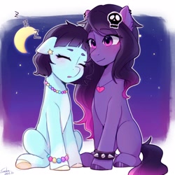 Size: 2048x2048 | Tagged: safe, artist:xiaowu07, derpibooru import, oc, oc only, earth pony, pony, cute, duo, duo female, female, looking at someone, mare, punk, simple background, sitting, sleeping, smiling