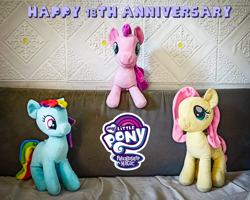 Size: 3262x2608 | Tagged: safe, artist:count oxymagomedov sear, derpibooru import, fluttershy, pinkie pie, rainbow dash, earth pony, pegasus, pony, female, happy birthday mlp:fim, mlp fim's thirteenth anniversary, photo, photography, plushie