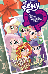 Size: 5834x8975 | Tagged: safe, derpibooru import, edit, idw, applejack, fluttershy, pinkie pie, rainbow dash, rarity, sunset shimmer, human, equestria girls, spoiler:comic, spoiler:comicholiday2014, christmas sweater, clothes, comic, grin, holly, human coloration, humane five, raspberry, smiling, sweater, tongue, tongue out