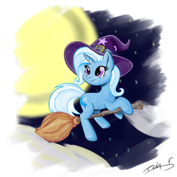 Size: 3000x3000 | Tagged: safe, artist:memprices, derpibooru exclusive, derpibooru import, trixie, pony, unicorn, broom, clothes, cloud, costume, cute, diatrixes, flying, flying broomstick, halloween, halloween costume, hat, high res, holiday, moon, simple background, smiling, solo, starry night, transparent background, trixie's hat, witch costume, witch hat