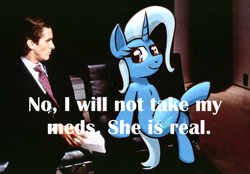 Size: 694x484 | Tagged: safe, artist:xppp1n, derpibooru import, trixie, human, unicorn, american psycho, crossed legs, female, looking at each other, looking at someone, mare, meme, patrick bateman, ponified, ponified meme, text