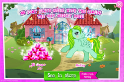 Size: 1964x1301 | Tagged: safe, derpibooru import, idw, medley, pegasus, pony, g1, g4, advertisement, blushing, bow, costs real money, english, female, gameloft, gem, idw showified, mare, mobile game, my little pony: magic princess, numbers, sale, solo, tail, tail bow, text, wings