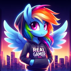 Size: 1024x1024 | Tagged: safe, ai content, derpibooru import, generator:dall-e 3, machine learning generated, rainbow dash, anthro, pegasus, backlighting, clothes, cute, dashabetes, female, gamer girl, hand in pocket, hoodie, looking at you, smiling, solo