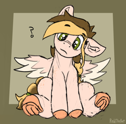 Size: 2056x2020 | Tagged: safe, artist:reddthebat, derpibooru import, oc, oc only, earth pony, pegasus, eyebrows, eyebrows visible through hair, female, frog (hoof), head tilt, looking at you, mare, one ear down, question mark, sitting, solo, spread wings, underhoof, wings