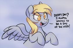 Size: 2204x1442 | Tagged: safe, artist:gameplayart, artist:higglytownhero, color edit, derpibooru import, edit, derpy hooves, pegasus, pony, colored, cute, derpabetes, dialogue, eye clipping through hair, eyebrows, eyebrows visible through hair, female, mare, open mouth, open smile, smiling, solo