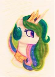 Size: 1555x2160 | Tagged: safe, artist:equmoria, derpibooru import, princess celestia, alicorn, pony, colored pencil drawing, crown, ethereal mane, jewelry, marker drawing, mixed media, pencil drawing, regalia, solo, sparkles, traditional art