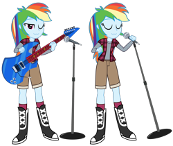 Size: 3000x2533 | Tagged: safe, artist:sketchmcreations, derpibooru import, rainbow dash, equestria girls, :3, boots, clothes, cosplay, costume, electric guitar, eyes closed, female, flannel shirt, friday night funkin', guitar, high heel boots, jacket, microphone, musical instrument, one eye closed, reference, shirt, shoes, shorts, simple background, smiling, smug, socks, sunday (friday night funkin'), transparent background, vector, vest