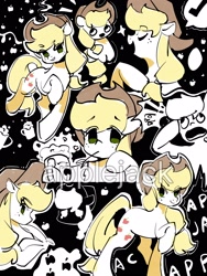 Size: 1620x2160 | Tagged: safe, artist:lendftcn, derpibooru import, applejack, earth pony, pony, apple, black background, check mark, cider, cider mug, eyebrows, eyebrows visible through hair, eyes closed, female, food, hoof on chest, limited palette, looking at you, mare, mug, name, open mouth, open smile, simple background, smiling, solo, straw in mouth