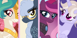 Size: 1148x576 | Tagged: safe, artist:monochrome-sunsets, derpibooru import, oc, oc:awen, oc:cassandra, oc:ellis, oc:gloria, hybrid, magical lesbian spawn, offspring, parent:princess cadance, parent:princess celestia, parent:rain shine, parent:tempest shadow