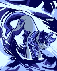 Size: 2400x3000 | Tagged: safe, artist:poxy_boxy, derpibooru import, oc, oc only, pony, unicorn, bluescale, clothes, commission, glasses, glowing, glowing horn, horn, monochrome, scarf, smiling, solo