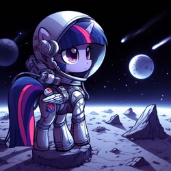 Size: 1024x1024 | Tagged: safe, ai content, derpibooru import, generator:bing image creator, generator:dall-e 3, machine learning generated, twilight sparkle, twilight sparkle (alicorn), alicorn, pony, astronaut, female, folded wings, mare, moon, planet, rock, scenery, solo, space, space helmet, spacesuit, tail, wings