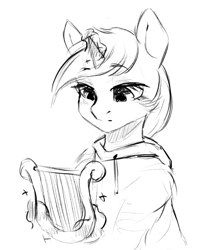 Size: 798x990 | Tagged: safe, artist:melodylibris, derpibooru import, lyra heartstrings, pony, unicorn, fanfic:background pony, black and white, clothes, dig the swell hoodie, female, grayscale, hoodie, lyre, magic, mare, monochrome, musical instrument, simple background, sketch, solo, telekinesis, white background