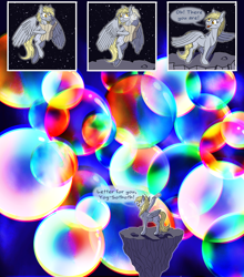 Size: 2400x2723 | Tagged: safe, artist:sixes&sevens, derpibooru import, derpy hooves, ditzy doo, pegasus, pony, bubble, comic, confused, flying, lovecraft, space, yog sothoth