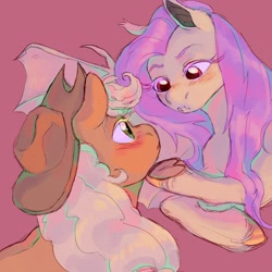 Size: 1700x1700 | Tagged: safe, artist:abbytabbys, derpibooru import, applejack, fluttershy, bat pony, earth pony, pony, appleshy, bat ponified, blushing, duo, fangs, female, flutterbat, hat, lesbian, looking at each other, looking at someone, mare, race swap, shipping, simple background, unshorn fetlocks