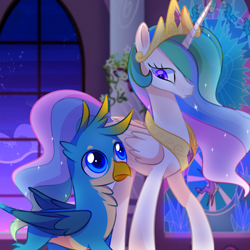 Size: 2500x2500 | Tagged: artist needed, safe, derpibooru exclusive, derpibooru import, gallus, princess celestia, alicorn, griffon, pony, crown, duo, duo male and female, evening, female, height difference, jewelry, looking at each other, looking at someone, male, mare, regalia, stained glass, starry night