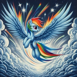 Size: 1024x1024 | Tagged: safe, ai content, derpibooru import, machine learning generated, rainbow dash, pegasus, pony, cloud, female, flying, large wings, looking sideways, mare, night, night sky, sky, solo, spread wings, stars, wings