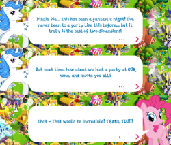 Size: 2048x1742 | Tagged: safe, derpibooru import, idw, majesty, pinkie pie, earth pony, pony, unicorn, g1, g4, bow, dialogue, dialogue box, english, female, gameloft, horn, idw showified, mare, mobile game, my little pony: magic princess, speech bubble, tail, tail bow, text