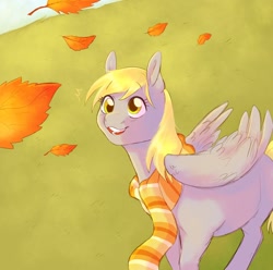 Size: 1730x1716 | Tagged: safe, artist:abbytabbys, derpibooru import, derpy hooves, pegasus, pony, autumn, clothes, cute, derpabetes, female, leaves, mare, open mouth, open smile, scarf, smiling, solo, striped scarf