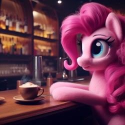 Size: 1024x1024 | Tagged: safe, ai content, derpibooru import, generator:bing image creator, generator:dall-e 3, machine learning generated, pinkie pie, earth pony, pony, coffee, detailed, female, irl, mare, photo, ponies in real life, realistic, sitting, smiling, solo