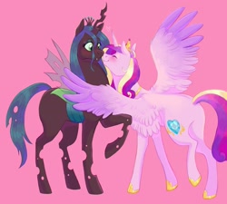 Size: 1905x1716 | Tagged: safe, artist:abbytabbys, derpibooru import, princess cadance, queen chrysalis, alicorn, changeling, changeling queen, pony, blushing, cadalis, female, heart, infidelity, jewelry, lesbian, mare, nuzzling, peytral, raised leg, regalia, shipping, simple background, spread wings, wing fluff, wings