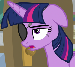 Size: 1054x945 | Tagged: safe, derpibooru import, screencap, twilight sparkle, twilight sparkle (alicorn), alicorn, pony, friendship university, season 8, spoiler:s08, cropped, disguise, ears, eyepatch, eyepatch (disguise), female, floppy ears, frown, mare, solid sparkle, solo