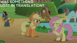 Size: 828x465 | Tagged: safe, derpibooru import, edit, edited screencap, editor:quoterific, screencap, applejack, fluttershy, kirin, sounds of silence