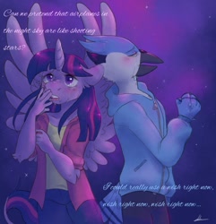 Size: 1387x1438 | Tagged: safe, artist:abbytabbys, derpibooru import, twilight sparkle, twilight sparkle (alicorn), alicorn, anthro, bird, blue jay, blushing, clothes, crossover, crossover shipping, crying, female, hoodie, male, mordecai, mordetwi, night, raised hoof, raised leg, regular show, shipping, shirt, song reference, spread wings, stars, straight, wing fluff, wings