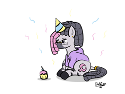 Size: 3644x2731 | Tagged: safe, artist:datzigga, derpibooru import, oc, oc only, oc:dizzy, zebra, clothes, confetti, cupcake, food, hat, hoodie, party hat, simple background, solo, white background