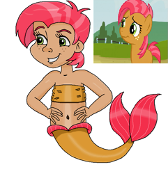Size: 697x722 | Tagged: safe, artist:ocean lover, derpibooru import, babs seed, earth pony, human, mermaid, pony, apple family member, bandeau, bare midriff, bare shoulders, belly, belly button, brown tail, child, chubby, fins, fish tail, freckles, green eyes, grin, hands on waist, human coloration, humanized, looking at something, mermaid tail, mermaidized, midriff, moderate dark skin, ms paint, red hair, reference, short hair, simple background, sleeveless, smiling, species swap, tail, tail fin, tomboy, two toned hair, white background