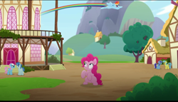 Size: 720x412 | Tagged: safe, derpibooru import, screencap, lemon hearts, lotus blossom, minuette, party favor, pinkie pie, rainbow dash, earth pony, pegasus, pony, unicorn, rainbow roadtrip, derp, dizzy, flying, ponyville, ponyville town hall