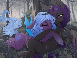 Size: 1200x900 | Tagged: safe, artist:lunarlacepony, derpibooru import, oc, oc only, oc:midnight moonbeam, oc:umbrella, alicorn, bat pony, bat pony alicorn, hybrid, pegabat, pony, alicorn oc, bat pony oc, bat wings, cozy, eyes closed, forest, horn, hug, nature, outdoors, rain, scenery, sweet dreams fuel, wings