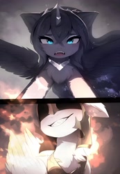 Size: 2831x4096 | Tagged: safe, artist:magnaluna, derpibooru import, daybreaker, princess celestia, princess luna, alicorn, pony, crown, duo, duo female, evil grin, fangs, female, fire, grin, helmet, horn, jewelry, regalia, sharp teeth, smiling, spread wings, teeth, wings