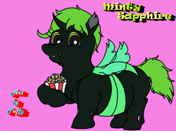 Size: 2223x1666 | Tagged: safe, artist:puffydearlysmith, derpibooru import, oc, oc only, oc:minty sapphire, changeling, belly, big belly, changeling oc, chunkling, crumbs, double chin, fat, female, food, green changeling, pink background, popcorn, reference sheet, simple background, snaggletooth, solo