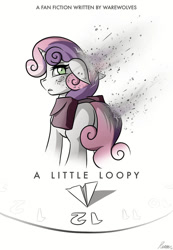 Size: 743x1075 | Tagged: safe, artist:whitepone, derpibooru import, sweetie belle, pony, unicorn, fanfic:a little loopy, ash, clock, fanfic, fanfic art, fanfic cover, simple background, solo, staring at you, white background