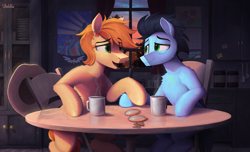 Size: 3500x2126 | Tagged: safe, artist:uliovka, derpibooru import, braeburn, soarin', earth pony, pegasus, pony, coffee, couple, gay, looking at each other, looking at someone, male, morning, scenery, shipping, soarburn, stallion