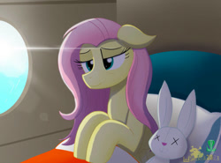 Size: 1039x769 | Tagged: safe, artist:lordshrekzilla20, derpibooru import, fluttershy, pegasus, fanfic:a king to a god, bags under eyes, doll, plushie, toy, waking up
