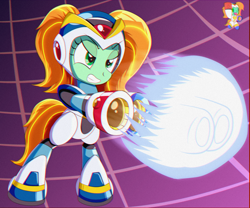 Size: 2000x1667 | Tagged: safe, artist:trackheadtherobopony, derpibooru import, oc, oc:goldheart, pony, robot, robot pony, armor, chibi, dragon ball, energy blast, hadouken, kamehameha, mega man x, pony oc, solo