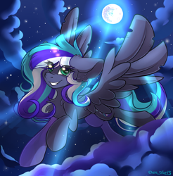 Size: 1864x1892 | Tagged: safe, artist:yuris, derpibooru import, nightmare moon, oc, oc only, pegasus, pony, ears back, female, flying, night, sky, smiling, solo, trade