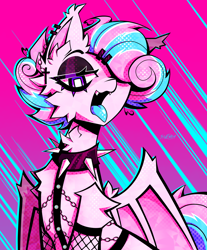 Size: 2000x2410 | Tagged: artist needed, source needed, safe, derpibooru import, oc, oc only, oc:sweetie swirl, bat pony, chains, collar, colored tongue, ear piercing, earring, eyelashes, eyeliner, femboy, goth, jewelry, makeup, male, multicolored hair, piercing, simple background, spiked collar