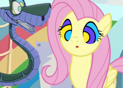 Size: 1280x923 | Tagged: safe, artist:marybethemberjoy49-1, derpibooru import, edit, edited screencap, screencap, fluttershy, pegasus, pony, snake, :o, female, hypno eyes, hypnoshy, hypnosis, hypnotized, kaa, kaa eyes, low effort, male, mare, open mouth